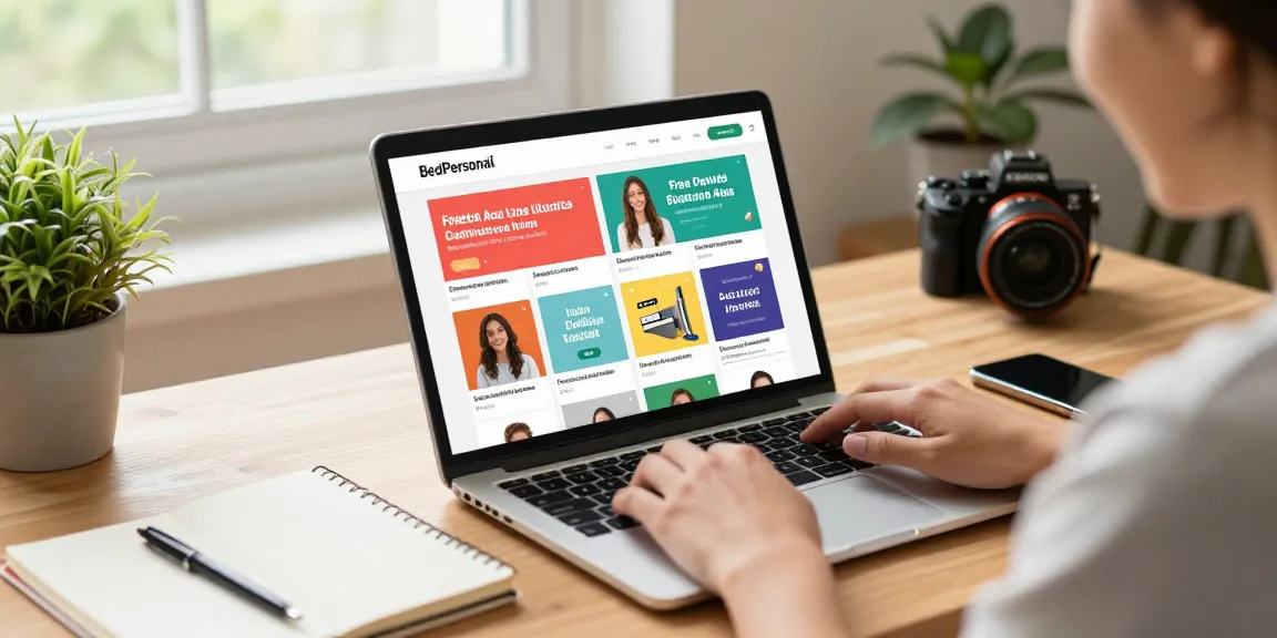 Engaging user exploring BedPersonal's local classifieds with vibrant ads in a cozy home office.