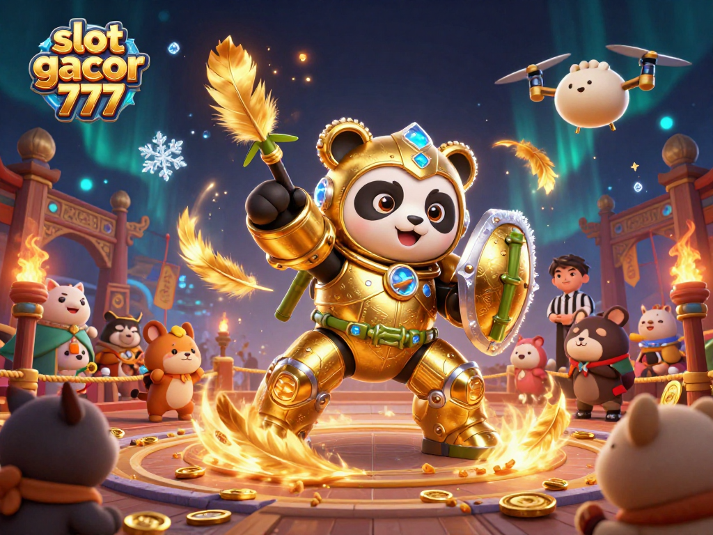 Engage with the dynamic action of slot gacor 777 as a golden panda pilots a bamboo robot in a vibrant casino arena.