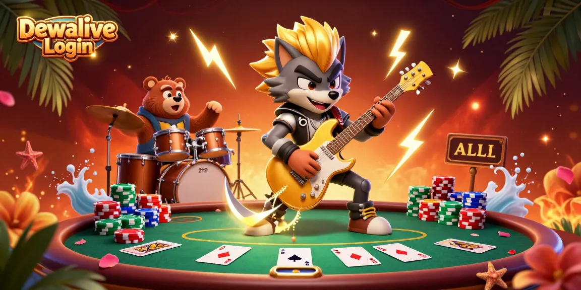 Dewalive Login with a vibrant casino scene showcasing a rock star wolf and drummer bear performing together.