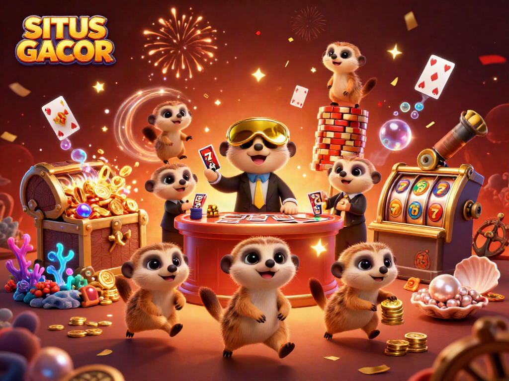 SITUS GACOR showcases a lively meerkat casino scene with spinning slot reels and vibrant confetti.