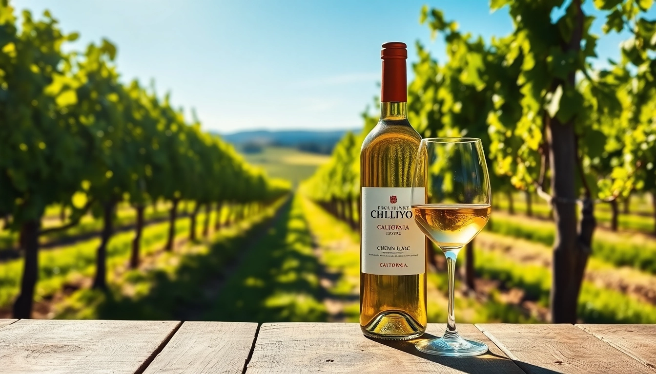 Pouring Chenin Blanc California wine into a glass amidst a scenic vineyard backdrop.