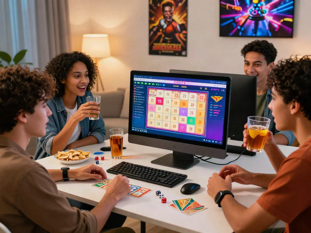 Friends strategizing bandar ze togel online at home, with lottery interface on screen.