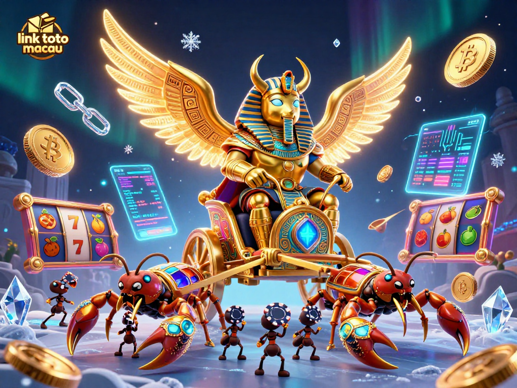 Engage with link toto macau featuring a vibrant 3D casino illustration of a golden scarab, scorpions, and slot symbols.