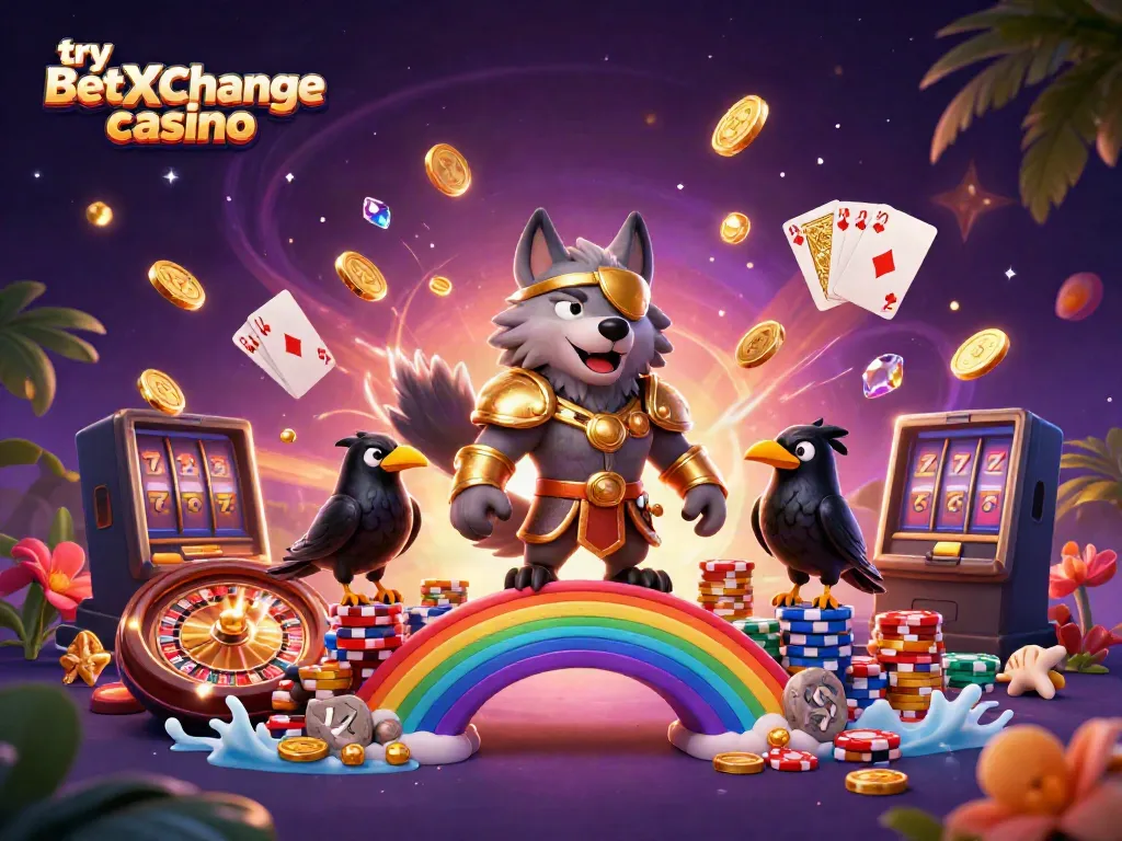 Join the thrill at the try BetXChange casino, with exciting characters and vibrant casino elements.