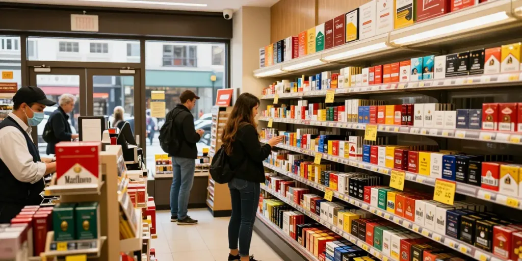 Buy cheap cigarette online Australia at a local store with various tobacco brands on display.