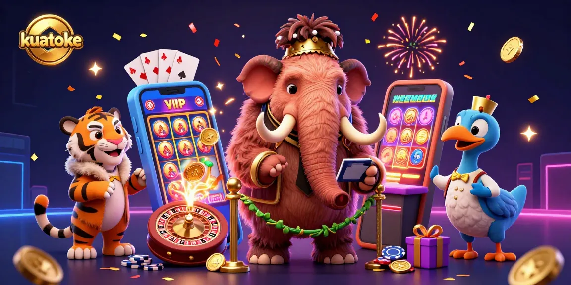 Kuatoke invites casino enthusiasts with a vibrant digital illustration showcasing a woolly mammoth bouncer, a saber-tooth tiger VIP, and a dodo doorman among spinning slot games and celebratory elemen