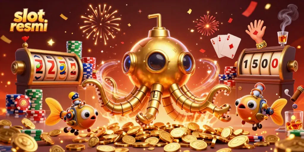 Engage with slot resmi through a vibrant casino scene featuring golden kraken and dynamic effects.