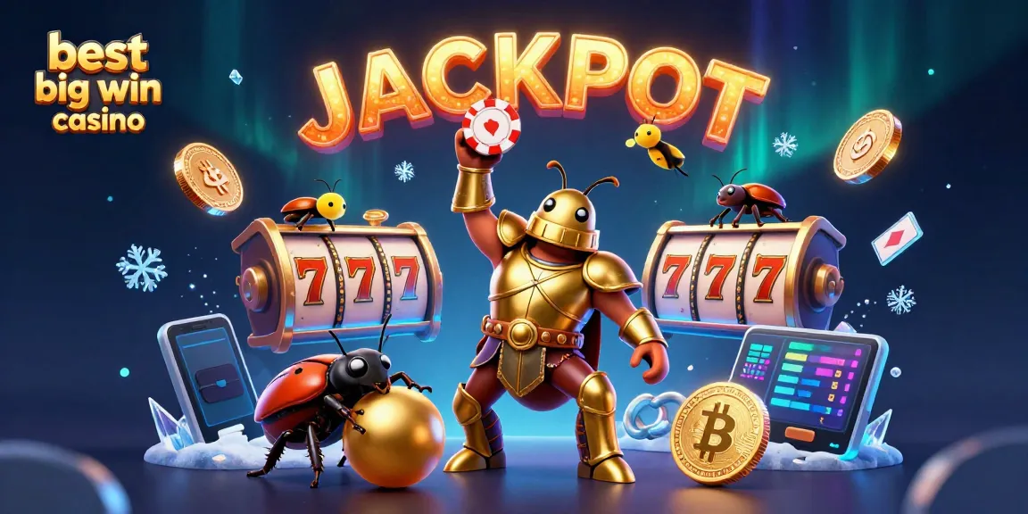 Experience excitement at best big win casino with a triumphant beetle, jackpot, and vibrant gaming symbols.