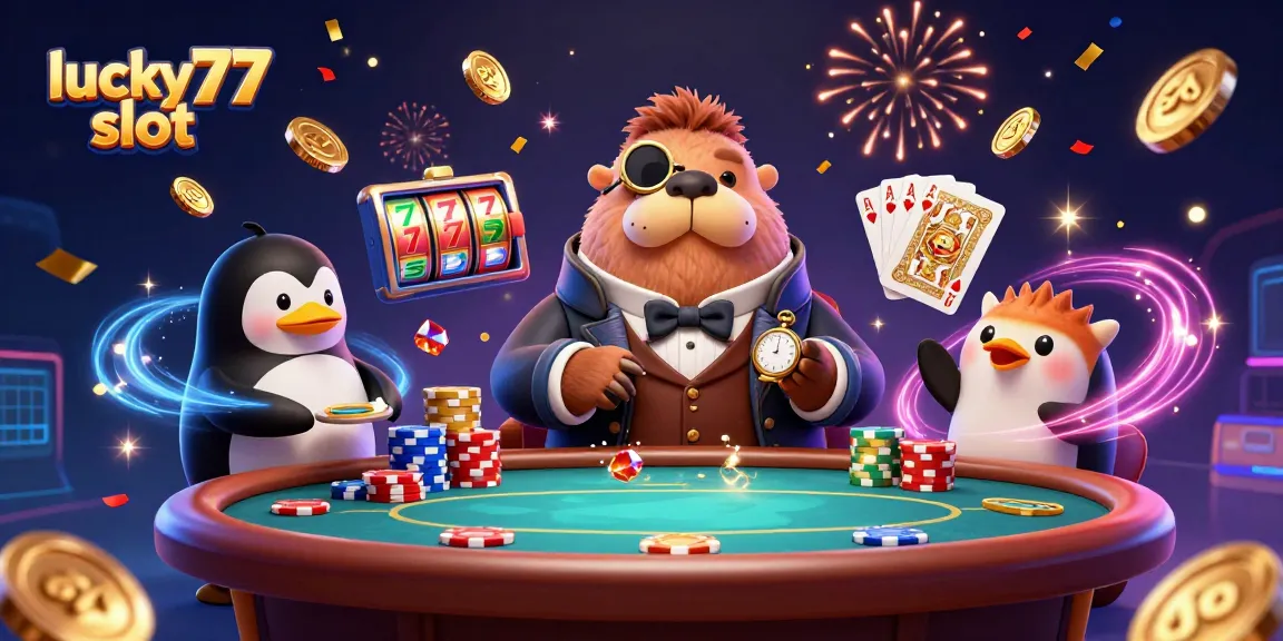 Play lucky77 slot with a vibrant 3D casino scene featuring a walrus, penguin dealer, and pufferfish.