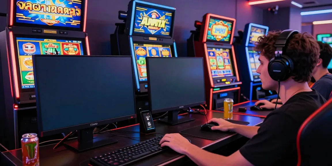 Player immersed in a slot game exploring ทดลองสล็อต, modern gaming room with LED lights and vibrant graphics.