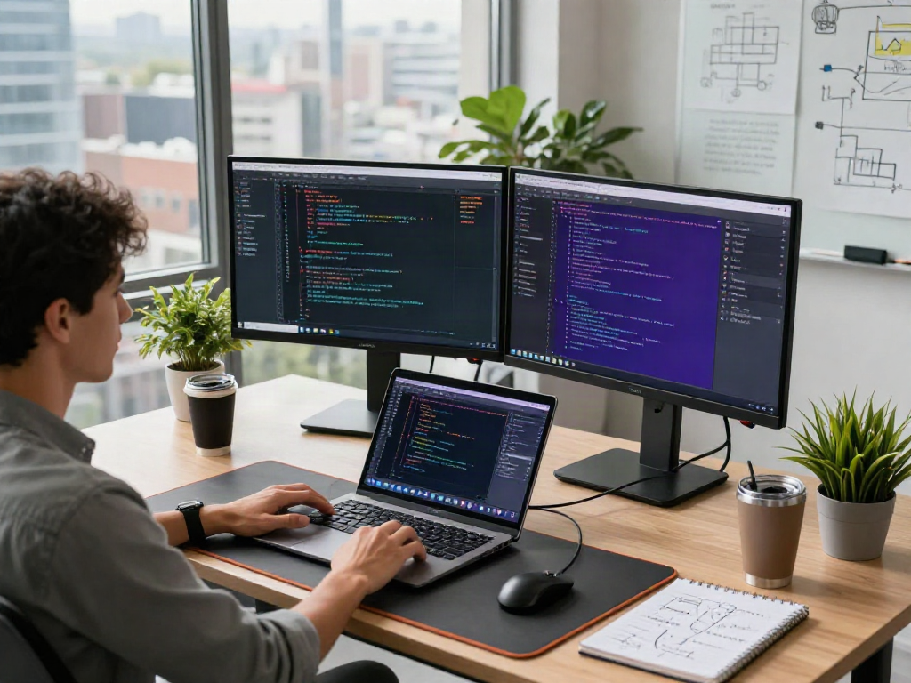 Developer coding with dual monitors in a modern office, illustrating crush on ai potential.