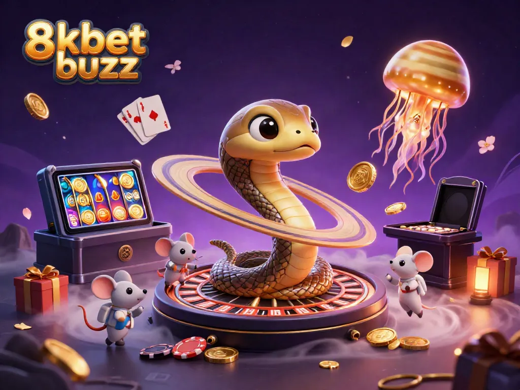 Play the 8kbet buzz adventure with a captivating cosmic gambling scene featuring astronaut mice and a roulette snake!