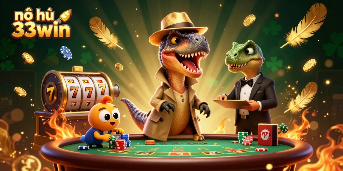 Nổ hũ 33win showcases a lively gambling scene with playful characters at a blackjack table, enticing players.