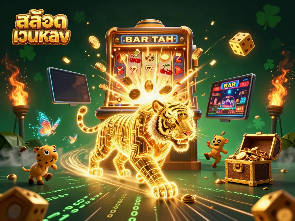 Experience the thrill of สล็อตเว็บตรง in this dynamic casino scene with a captivating golden tiger.