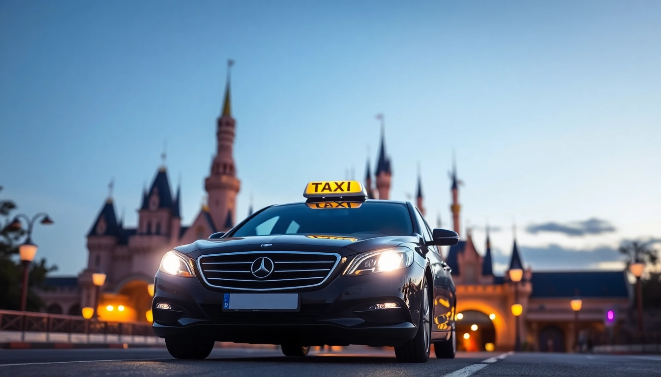 Taxi from Charles de Gaulle to Disneyland Paris navigating towards Disneyland's magical entrance.