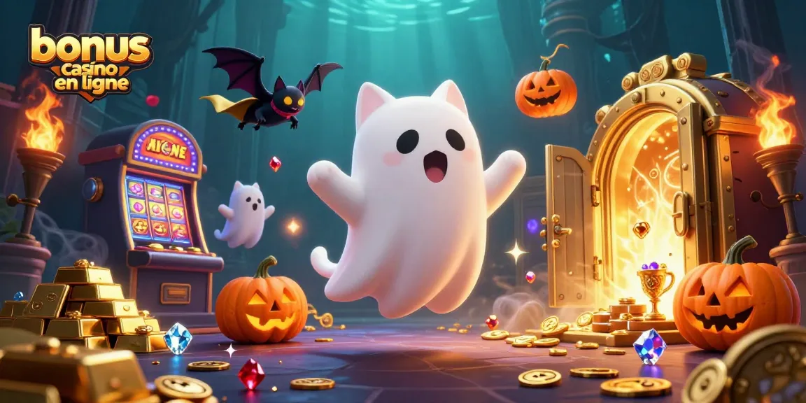 Illustrez l'univers captivant du bonus casino en ligne avec un chat fantôme et des joyaux étincelants.