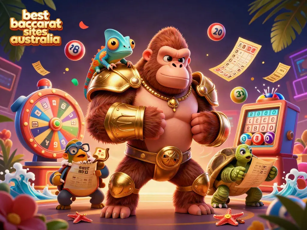 Engage with the best baccarat sites Australia through this vibrant illustration featuring a powerful gorilla, colorful game elements, and expert strategies.