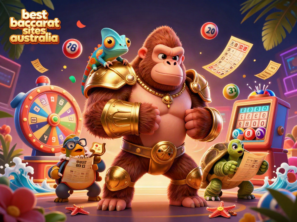 Engage with the best baccarat sites Australia through this vibrant illustration featuring a powerful gorilla, colorful game elements, and expert strategies.