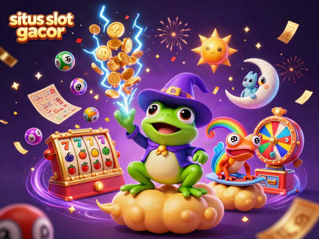 Menghasilkan kemenangan dengan situs slot gacor dalam suasana ceria dan menggembirakan, dikelilingi koin emas dan elemen permainan.