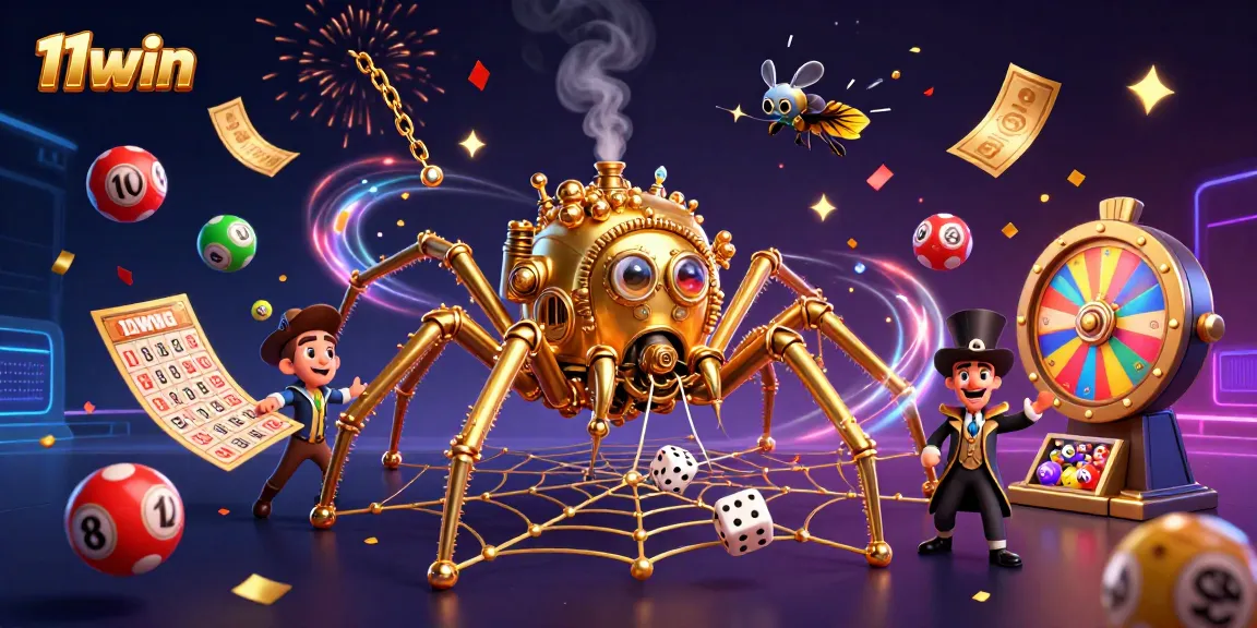 Experience thrilling wins with 11win amid colorful lottery elements in this dynamic casino illustration.