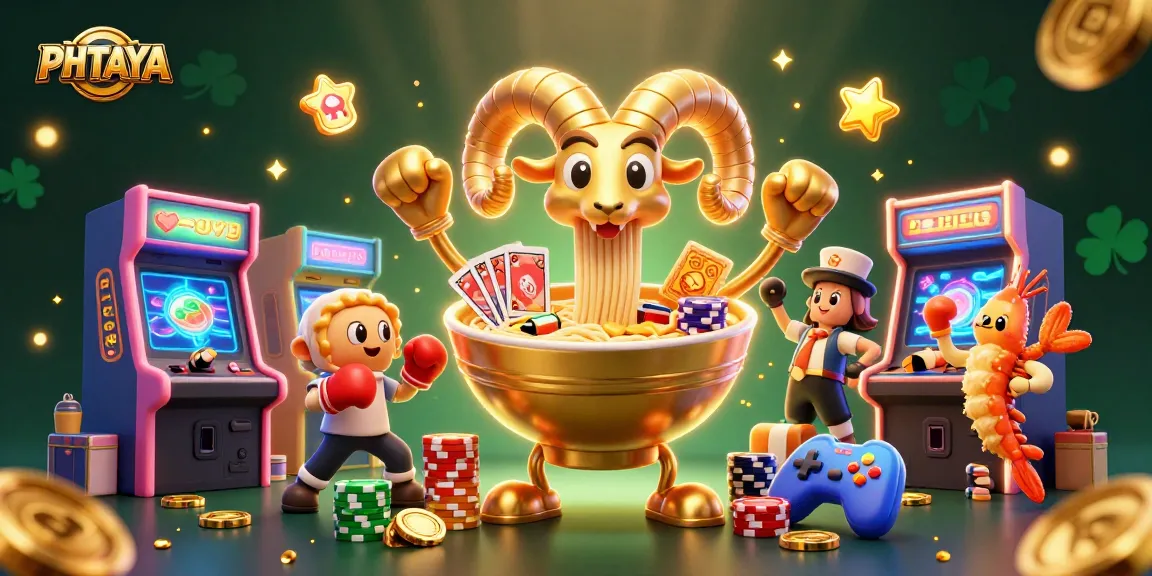 PHTAYA offers a vibrant visual of a dynamic casino scene with a giant ramen bowl dealer and thematic characters.