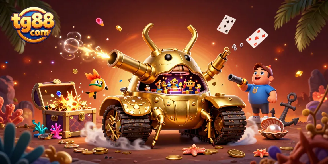 Delve into tg88 com's vibrant casino adventure featuring a golden beetle tank, celebrating winning moments.