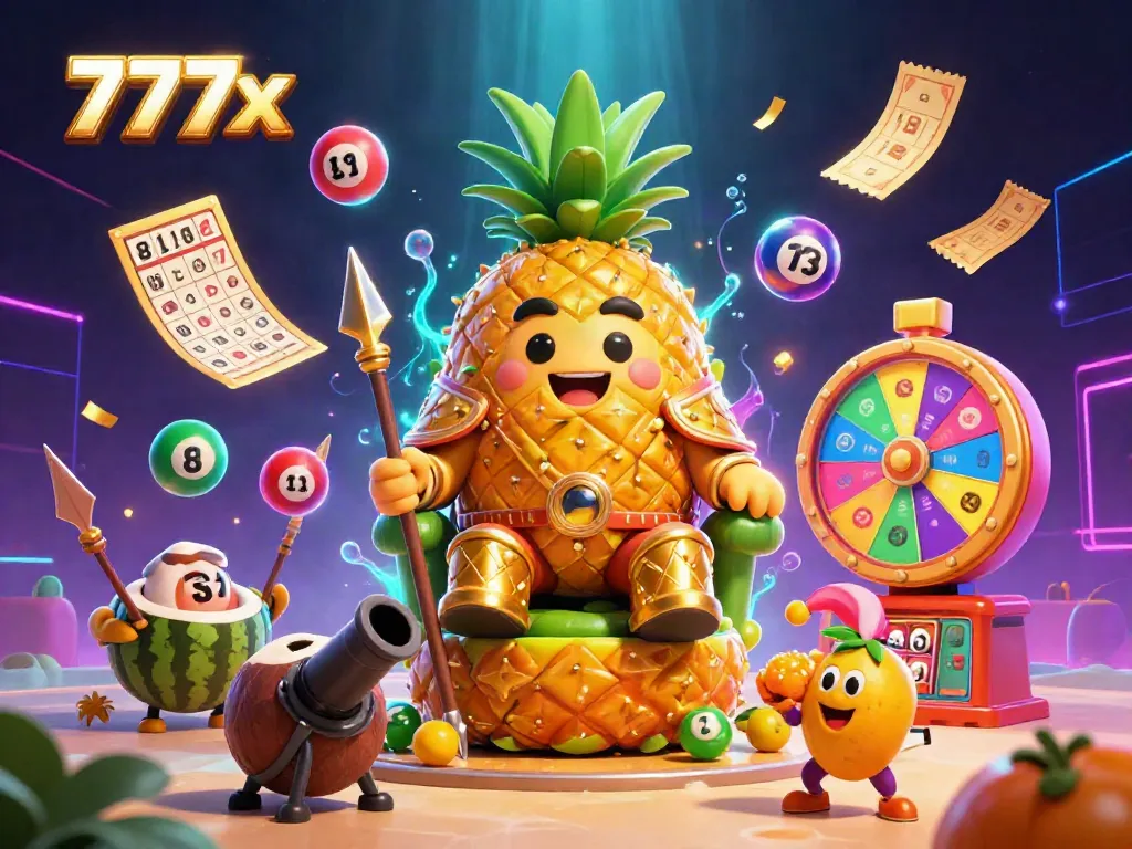 Exciting 777x casino scene with a golden pineapple king and dynamic game elements for immersive gambling fun.