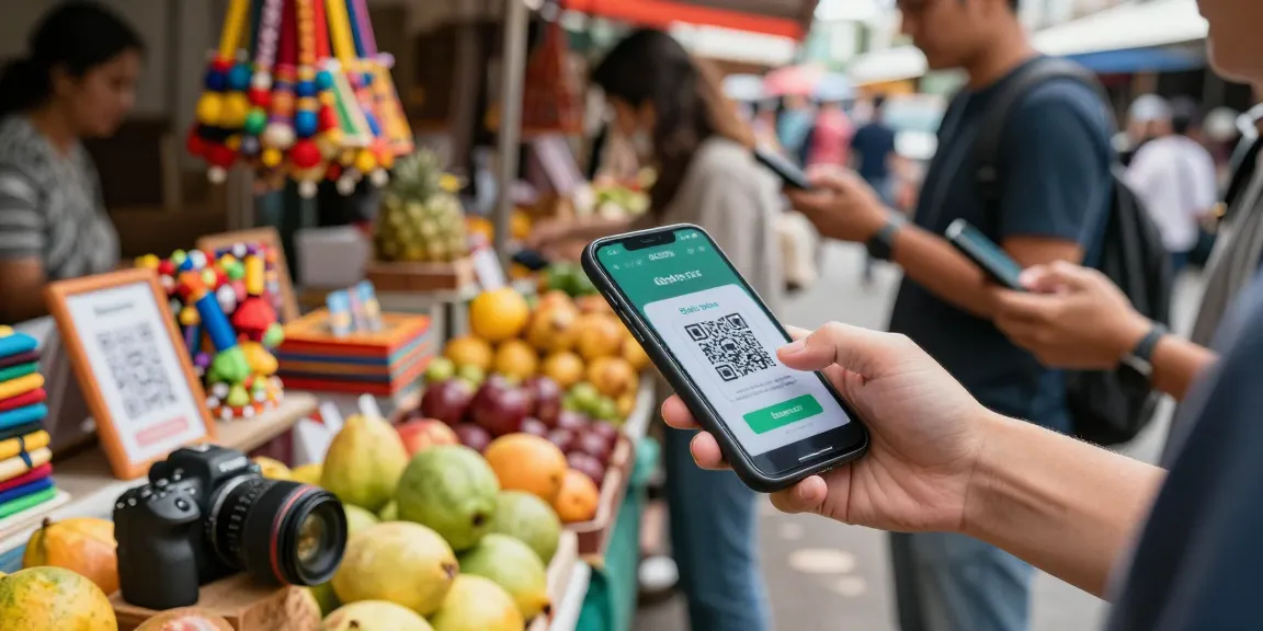 Customer making a slot qris payment in a busy marketplace, showcasing modern digital transactions.