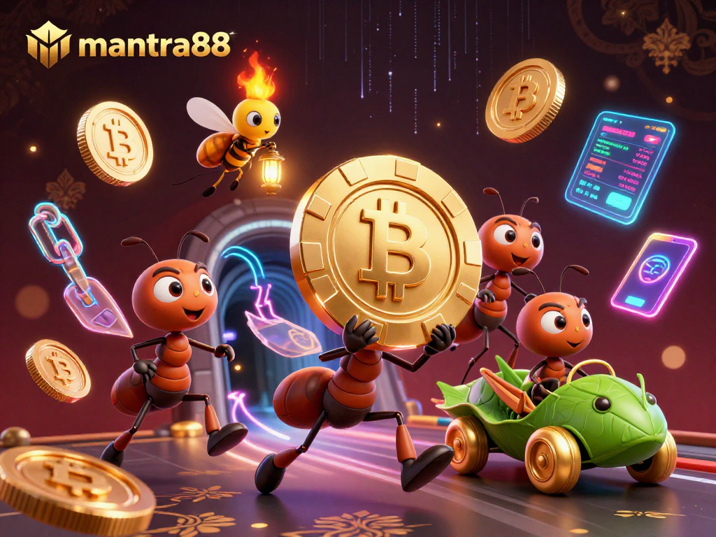 Experience the thrill of mantra88 with ants heisting a golden poker chip in this dynamic casino scene.