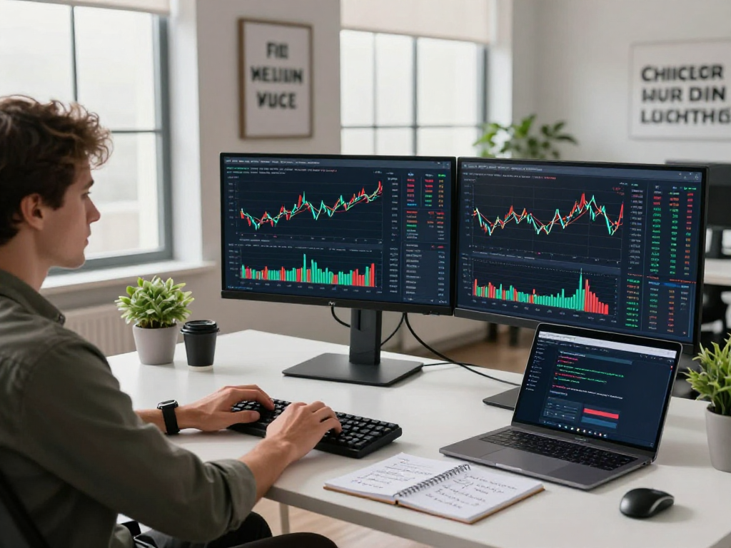Developer analyzing the TOPIX index quote API in a modern fintech workspace surrounded by data visualizations.