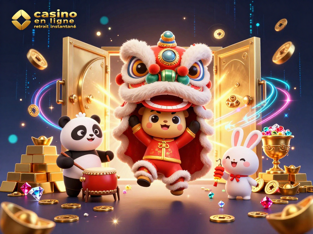 Profitez de l'excitation de casino en ligne retrait instantané illustrée avec des personnages et éléments de jeu.