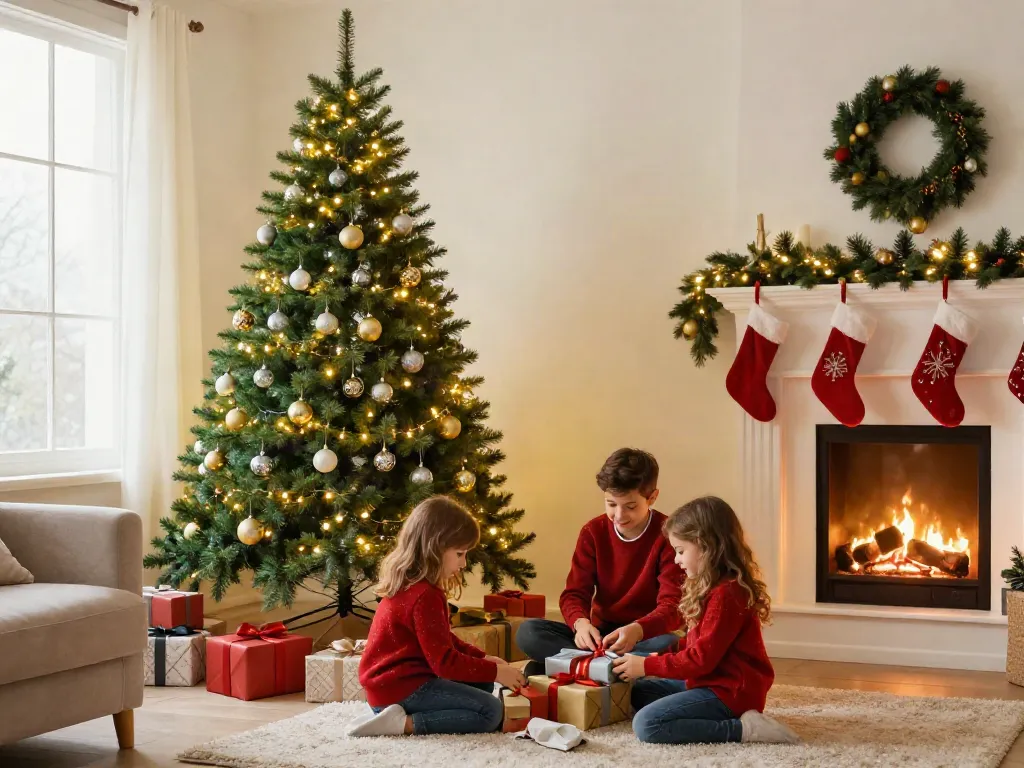 A beautifully decorated pre lit pencil slim Christmas tree in a cozy living room with a family wrapping gifts.