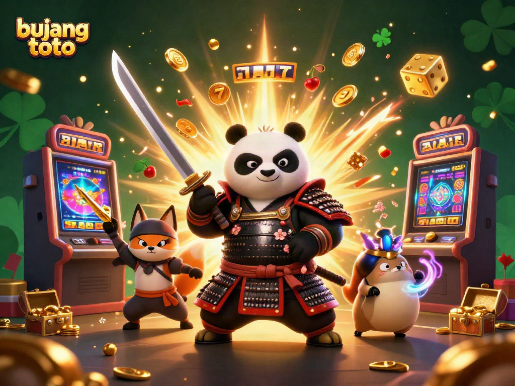 Experience thrilling jackpots with bujang toto featuring samurai panda and jackpot machine.