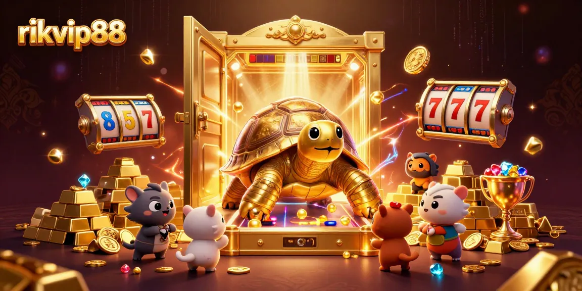 Experience excitement at rikvip88 with a golden tortoise casino game scene full of treasures.