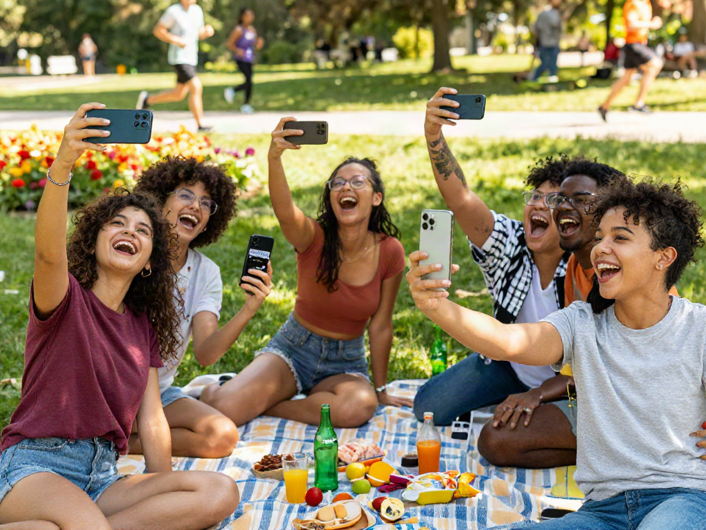 Friends comparing their 'how old do I look?' app results outdoors in a lively park.