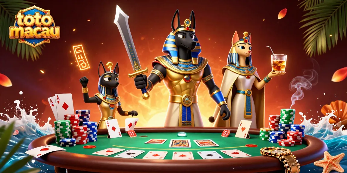 Experience thrilling poker excitement at toto macau with Anubis and Bastet amid vibrant game elements.