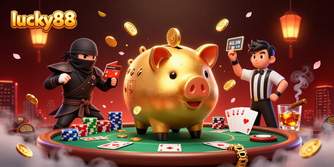 Engage with lucky88's thrilling poker action featuring a sumo piggy bank and ninja in a vibrant scene.