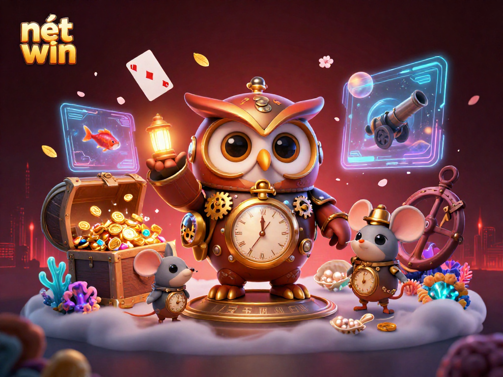 Engage in thrilling action at nét win, featuring a whimsical steampunk owl and vibrant casino elements.