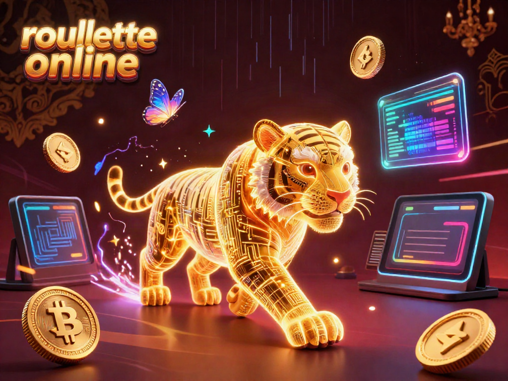 Engage with roullete online as a neon wireframe tiger navigates a digital casino landscape filled with crypto elements.