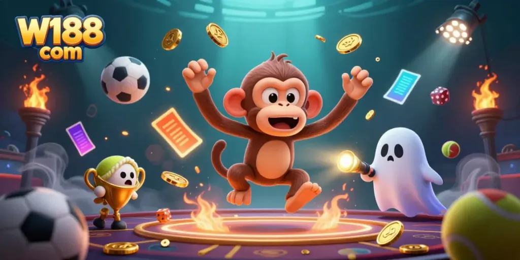 Engaging scene showcasing W188 com with a ghostly monkey juggling golden casino elements, vibrant sports-themed backdrop.
