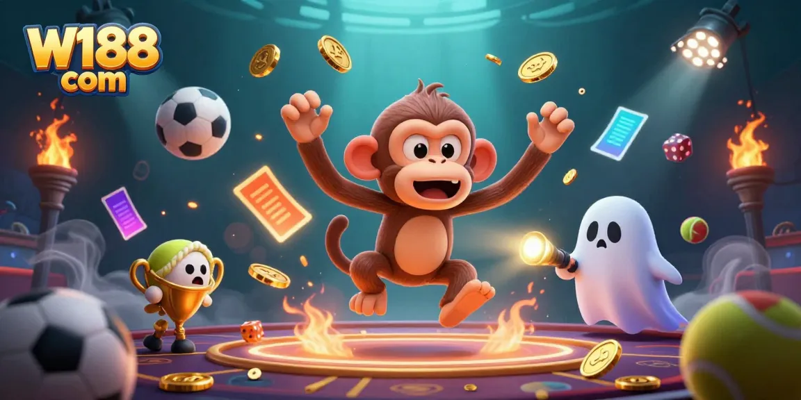 Engaging scene showcasing W188 com with a ghostly monkey juggling golden casino elements, vibrant sports-themed backdrop.