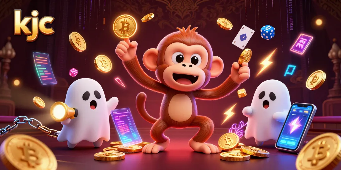 Engage with the mischievous KJC poltergeist monkey and ghost-hunter puppy in a vibrant casino adventure.