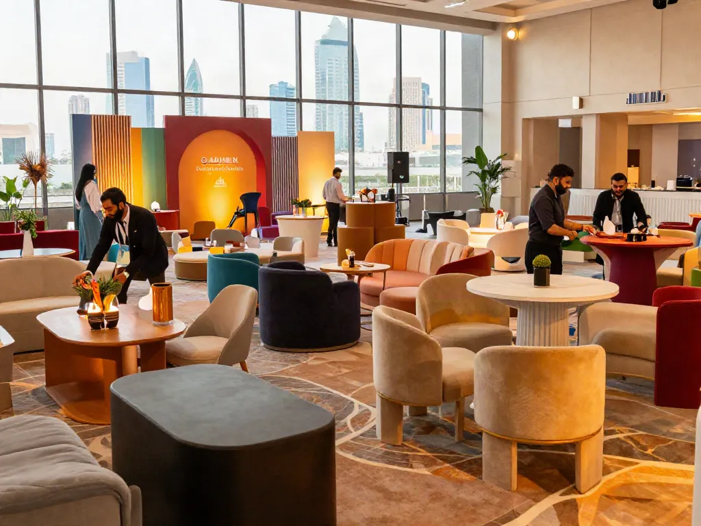 The ideal event furniture rental setup featuring stylish tables and plush seating in a luxurious Saudi venue.