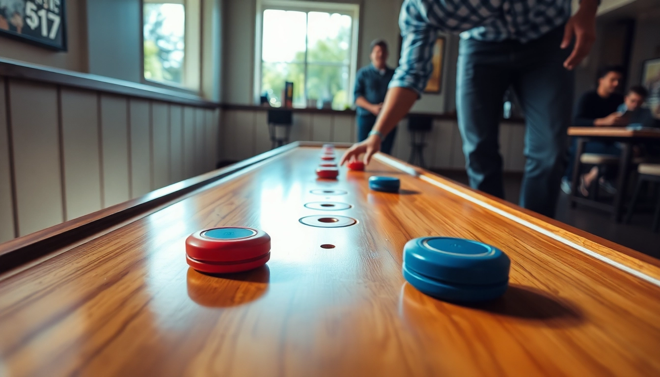 Performing a precise Shuffleboard Move while playing on a shuffleboard table.