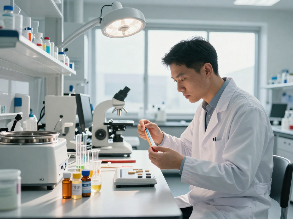 Scientist analyzing buccal strips to highlight TB 500 benefits in a modern lab setting.
