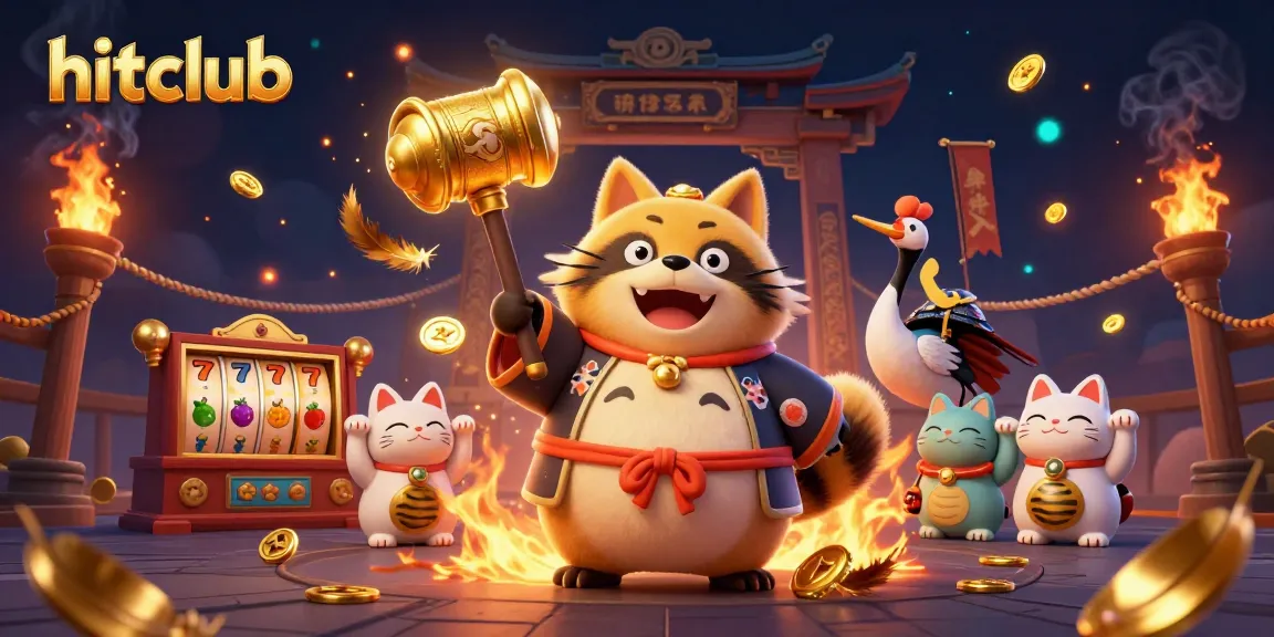 Experience the excitement of hitclub with a vibrant illustration featuring a cheerful tanuki among slot games and golden tokens.