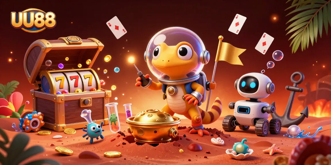 UU88 Martian gecko winning big at a golden casino in a colorful 3D scene.