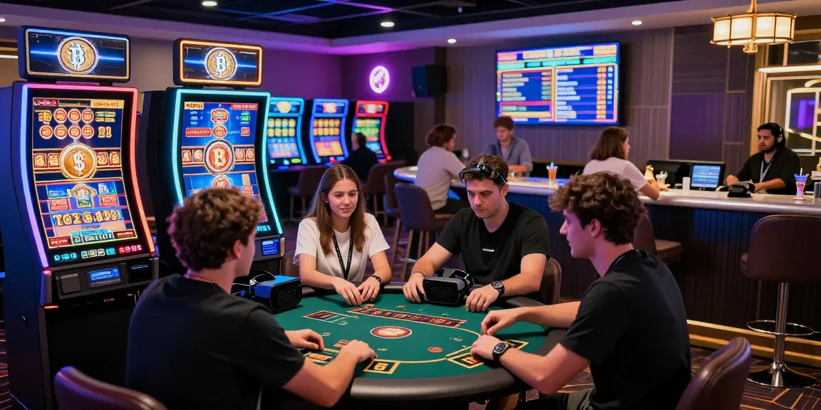 Exciting crypto casino scene with players enjoying digital gaming terminals, vibrant lights, and engaging atmosphere.