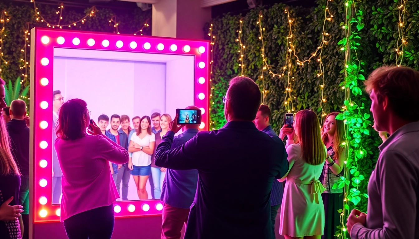 Cherish moments at the interactive photo wall with lively guests enjoying the celebration.