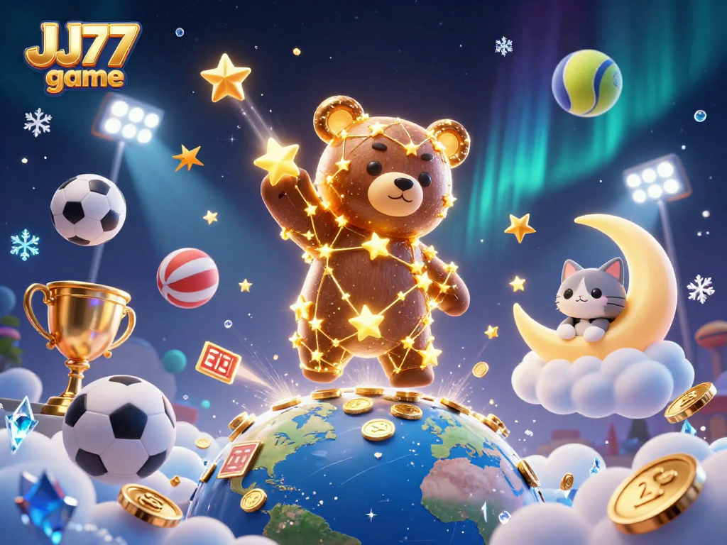 Engage with the JJ77 game through vibrant visuals of sports and casino elements in a captivating scene.